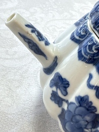 A Chinese blue and white tea caddy, a teapot and an Imari-style teapot, Kangxi/Yongzheng