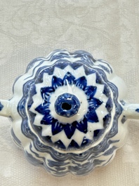 A Chinese blue and white tea caddy, a teapot and an Imari-style teapot, Kangxi/Yongzheng