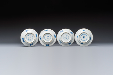 12 Chinese blue and white saucers with figural design, lingzhi and Chenghua marks, Kangxi