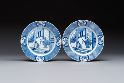 Five Chinese blue and white plates with narrative design, Chenghua mark, 19th C.