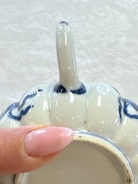 A Chinese blue and white tea caddy, a teapot and an Imari-style teapot, Kangxi/Yongzheng