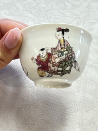 A fine Chinese famille rose 'Court Lady and a Boy' cup and saucer, Yongzheng