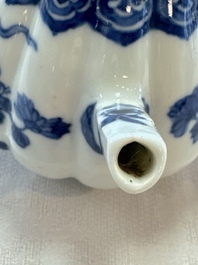 A Chinese blue and white tea caddy, a teapot and an Imari-style teapot, Kangxi/Yongzheng