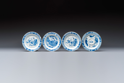 12 Chinese blue and white saucers with figural design, lingzhi and Chenghua marks, Kangxi