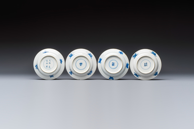 12 Chinese blue and white saucers with figural design, lingzhi and Chenghua marks, Kangxi