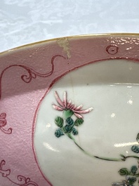 Three Chinese famille rose pink-ground bowls with floral design, Qianlong mark and of the period