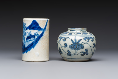 A Chinese Nanking water pot, a blue and white brush pot, a jarlet and a trick cup, Ming and later