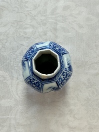A Chinese blue and white tea caddy, a teapot and an Imari-style teapot, Kangxi/Yongzheng