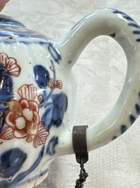 A Chinese blue and white tea caddy, a teapot and an Imari-style teapot, Kangxi/Yongzheng