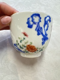 A Chinese famille rose 'Chicken' cup and a blue, white, and copper-red 'Li Tieguai' brush pot, Qianlong mark, 20th C.