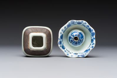 A Chinese Nanking water pot, a blue and white brush pot, a jarlet and a trick cup, Ming and later