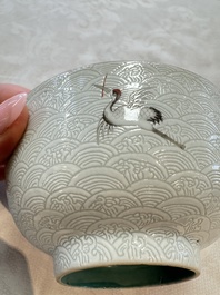 A pair of Chinese famille rose sgraffiato-ground 'Zhang Guolao' bowls, Daoguang mark and of the period