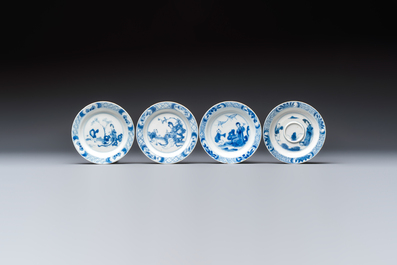 12 Chinese blue and white saucers with figural design, lingzhi and Chenghua marks, Kangxi