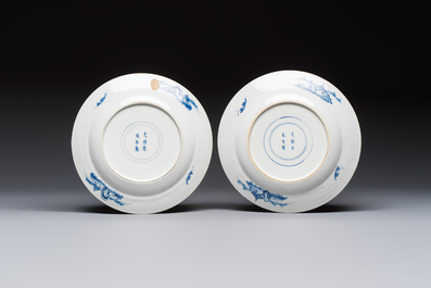 Five Chinese blue and white plates with narrative design, Chenghua mark, 19th C.