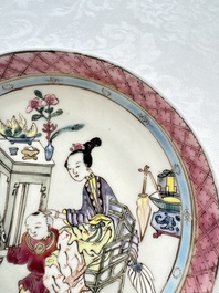 A fine Chinese famille rose 'Court Lady and a Boy' cup and saucer, Yongzheng