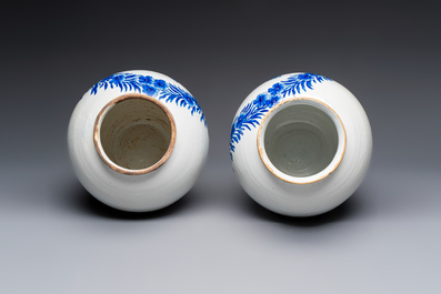 A pair of blue and white Dutch Delft 'Leaping Unicorn' tobacco jars, 18th C.