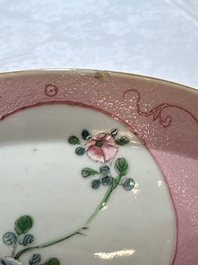 Three Chinese famille rose pink-ground bowls with floral design, Qianlong mark and of the period