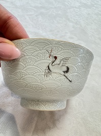 A pair of Chinese famille rose sgraffiato-ground 'Zhang Guolao' bowls, Daoguang mark and of the period
