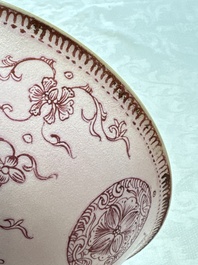 Three Chinese famille rose pink-ground bowls with floral design, Qianlong mark and of the period