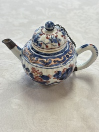 A Chinese blue and white tea caddy, a teapot and an Imari-style teapot, Kangxi/Yongzheng