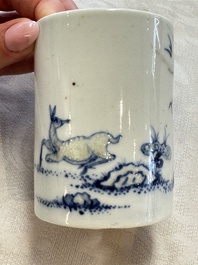 A Chinese famille rose 'Chicken' cup and a blue, white, and copper-red 'Li Tieguai' brush pot, Qianlong mark, 20th C.