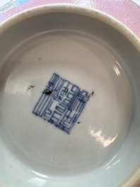 Three Chinese famille rose pink-ground bowls with floral design, Qianlong mark and of the period