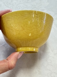 A Chinese yellow-glazed incised 'Dragon and Phoenix' bowl, Xianfeng mark and of the period