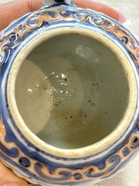 A Chinese blue and white tea caddy, a teapot and an Imari-style teapot, Kangxi/Yongzheng