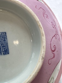 Three Chinese famille rose pink-ground bowls with floral design, Qianlong mark and of the period