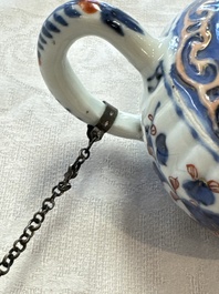 A Chinese blue and white tea caddy, a teapot and an Imari-style teapot, Kangxi/Yongzheng