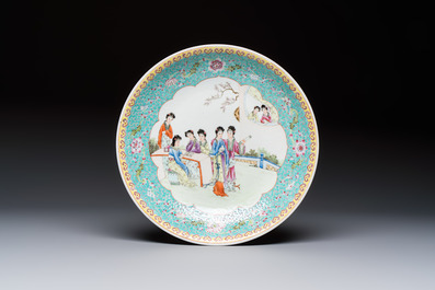 Two Chinese famille rose dishes and a plate with elegant beauties, Qianlong marks, 20th C