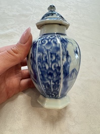 A Chinese blue and white tea caddy, a teapot and an Imari-style teapot, Kangxi/Yongzheng