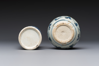 A Chinese Nanking water pot, a blue and white brush pot, a jarlet and a trick cup, Ming and later
