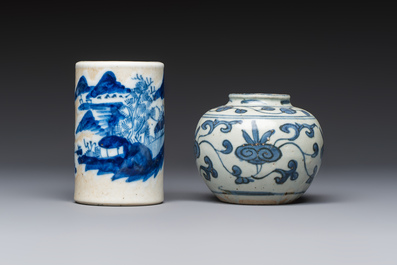 A Chinese Nanking water pot, a blue and white brush pot, a jarlet and a trick cup, Ming and later