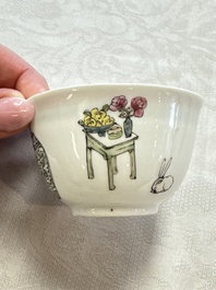 A fine Chinese famille rose 'Court Lady and a Boy' cup and saucer, Yongzheng