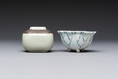 A Chinese Nanking water pot, a blue and white brush pot, a jarlet and a trick cup, Ming and later