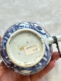 A Chinese blue and white tea caddy, a teapot and an Imari-style teapot, Kangxi/Yongzheng