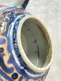 A Chinese blue and white tea caddy, a teapot and an Imari-style teapot, Kangxi/Yongzheng