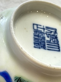 A Chinese famille rose 'Chicken' cup and a blue, white, and copper-red 'Li Tieguai' brush pot, Qianlong mark, 20th C.
