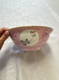 Three Chinese famille rose pink-ground bowls with floral design, Qianlong mark and of the period