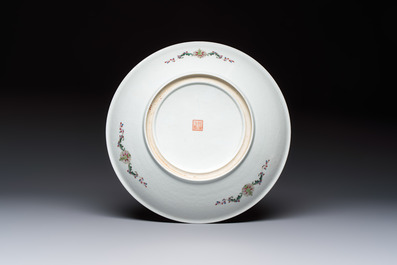 Two Chinese famille rose dishes and a plate with elegant beauties, Qianlong marks, 20th C