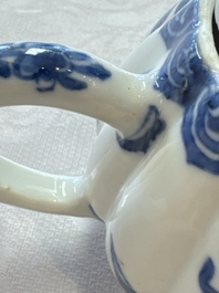 A Chinese blue and white tea caddy, a teapot and an Imari-style teapot, Kangxi/Yongzheng