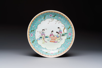 Two Chinese famille rose dishes and a plate with elegant beauties, Qianlong marks, 20th C