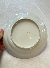 Five Chinese iron-red, blue and white plates with floral design, Qianlong/Jiaqing