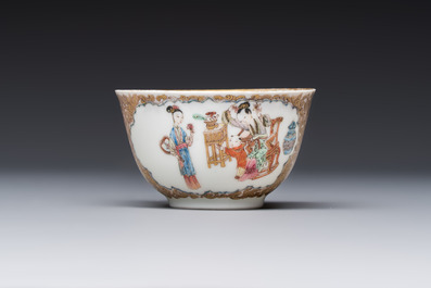 A fine Chinese Canton famille rose gilt-decorated cup and saucer with figural design, Yongzheng/Qianlong