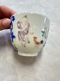 A Chinese famille rose 'Chicken' cup and a blue, white, and copper-red 'Li Tieguai' brush pot, Qianlong mark, 20th C.