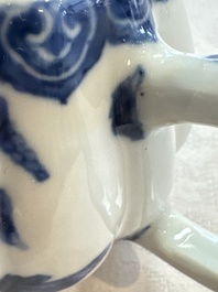 A Chinese blue and white tea caddy, a teapot and an Imari-style teapot, Kangxi/Yongzheng