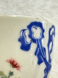 A Chinese famille rose 'Chicken' cup and a blue, white, and copper-red 'Li Tieguai' brush pot, Qianlong mark, 20th C.