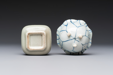 A Chinese Nanking water pot, a blue and white brush pot, a jarlet and a trick cup, Ming and later