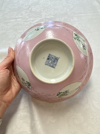 Three Chinese famille rose pink-ground bowls with floral design, Qianlong mark and of the period